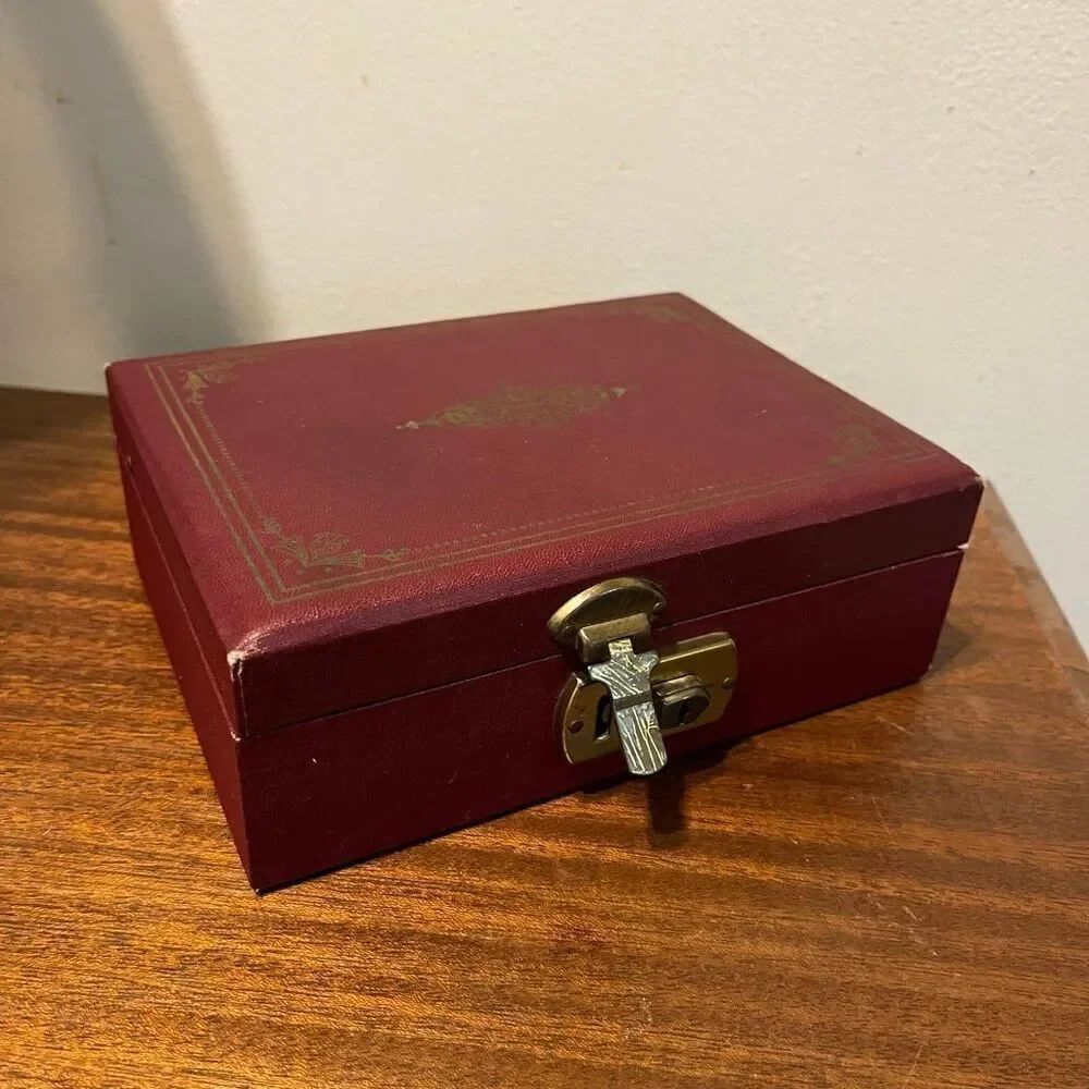 Vintage 50s Leatherette Jewelry Box Burgundy, Satin Lined, Mirror Two-Tiers